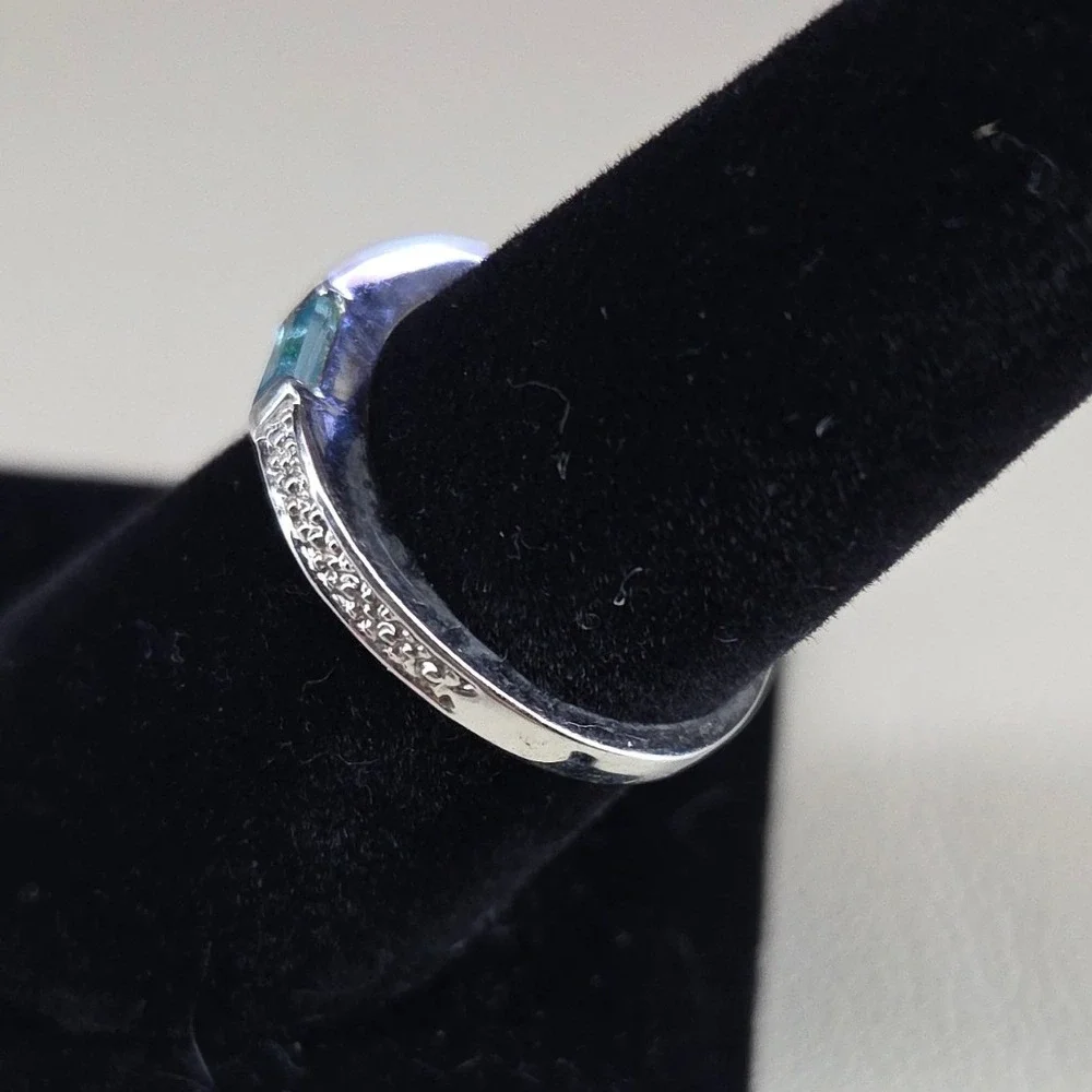 Silver Tone Faux Blue Topaz Baguette Accent Stackable Band Ring Size 8.5